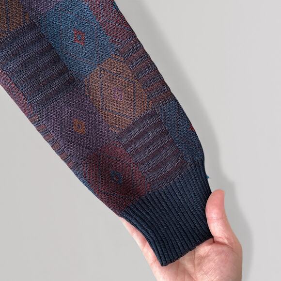 Wool Blend 90s Dark Academia Grandpa Sweater Artsy Geometric Jacquard Knit XL - Picture 5 of 10